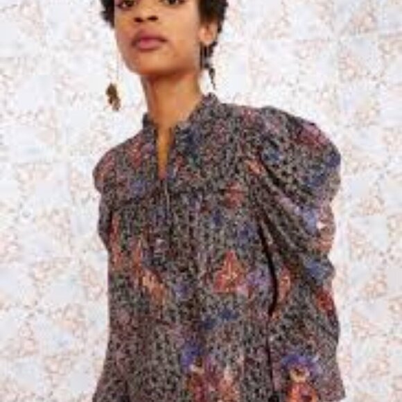 Ulla Johnson Size 0* Remy Puff Sleeve Blouse Tie Front Black Tan Sunburst - Picture 2 of 13